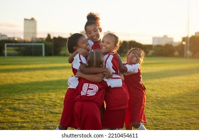 Celebration, winner and children soccer team happy for goal on the outdoor football field. Happiness, excited and sport friends playing girls football game together and celebrating success or winning - Powered by Shutterstock