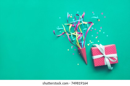 Celebration,party Backgrounds Concepts Ideas With Colorful Confetti,streamers And Gift Box.Flat Lay Design