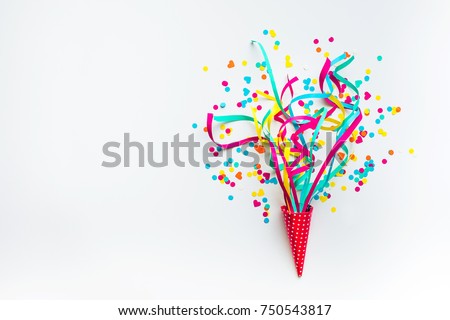 Celebration,party backgrounds concepts ideas with colorful confetti,streamers on white.Flat lay design