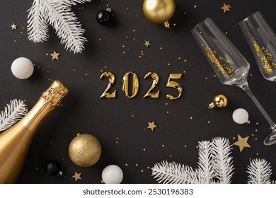 A celebratory composition featuring a gold 2025, champagne bottle, festive glasses, and elegant decorations perfect for a New Year's Eve celebration concept - Powered by Shutterstock