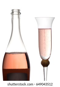 Celebratory Drink. Pink Bubbly, Could Be Champagne. Bottle And Glass Flute. Fairly Generic. Sparkling Wine. Isolated On White Background.