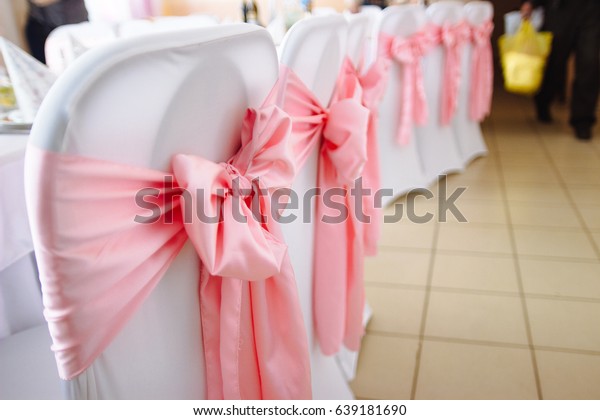 Celebratory Wedding Bows On Chairs Cafe Stock Photo Edit Now
