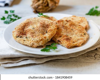 Celeriac Cutlet On A White Plate. Vegan Food
