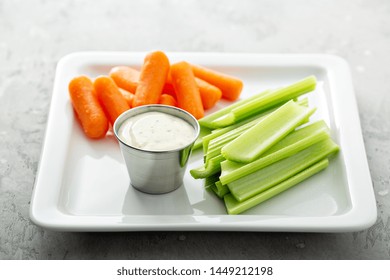 Celery And Carrot Sticks With Ranch, Healthy Snack Idea