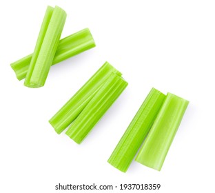 Celery  isolated on white background. Fresh green Celery stiks  top view. Flat lay
