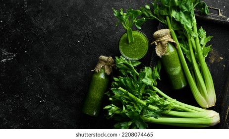Celery. Celery smoothies in glass bottles. Detox menu. Free space for text.