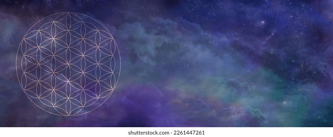 Celestial Flower of Life Symbol Message Template - complete Flower Of Life soft focus symbol on left against a blue green purple heavenly night sky background with copy space
 - Shutterstock ID 2261447261