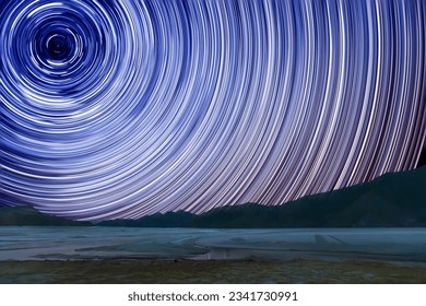 Celestial Navigation: North Star Trails Illuminating Pangong Lake's Night Sky