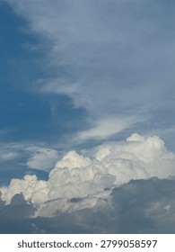Celestial tapestry showcasing dynamic cumulus formations against a boundless azure canvas