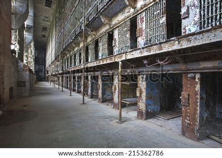 Cell block of the inside of an old prison no longer in use
