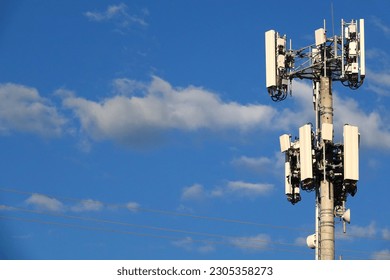 Cell, Data Tower Double Set, Blue Sky with Light Clouds. Right side of image plenty room for text, Vivid and Sharp.