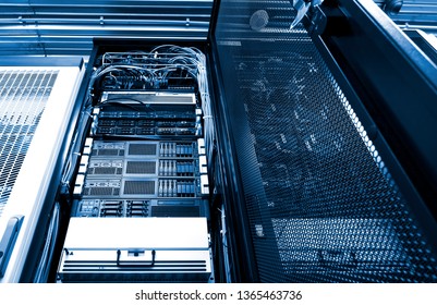 Cell equipment module of cellular data terminal at work. Radio station interior with technical row.