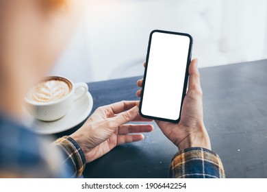 Cell Phone Blank White Screen Mockup.woman Hand Holding Texting Using Mobile On Desk At Office.background Empty Space For Advertise.work People Contact Marketing Business,technology