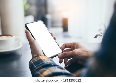 Cell Phone Blank White Screen Mockup.woman Hand Holding Texting Using Mobile On Desk At Office.background Empty Space For Advertise.work People Contact Marketing Business,technology