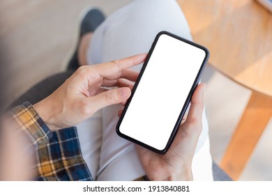 Cell Phone Blank White Screen Mockup.woman Hand Holding Texting Using Mobile On Desk At Office.background Empty Space For Advertise.work People Contact Marketing Business,technology