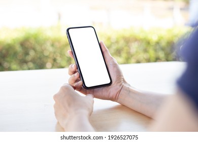 Cell Phone Blank White Screen Mockup.woman Hand Holding Texting Using Mobile On Desk At Office.background Empty Space For Advertise.work People Contact Marketing Business,technology