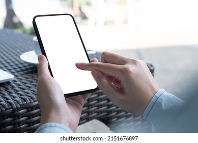 Cell Phone Blank White Screen Mockup. Woman Hands Holding, Using Mobile Phone At Coffee Shop, Template For Advertisement. Work People Contact, Business Marketing, Technology