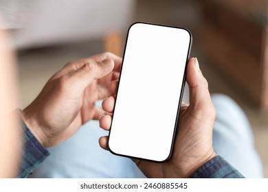 cell phone blank white screen mockup.hand holding texting using mobile on desk at office.background empty space for advertise.work people contact marketing business,technology - Powered by Shutterstock