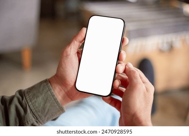 cell phone blank white screen mockup.hand holding texting using mobile on desk at office.background empty space for advertise.work people contact marketing business,technology