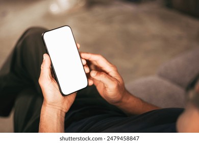 cell phone blank white screen mockup.hand holding texting using mobile on desk at office.background empty space for advertise.work people contact marketing business,technology - Powered by Shutterstock