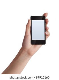 Cell Phone With Touchscreen In Female Hand On White Background