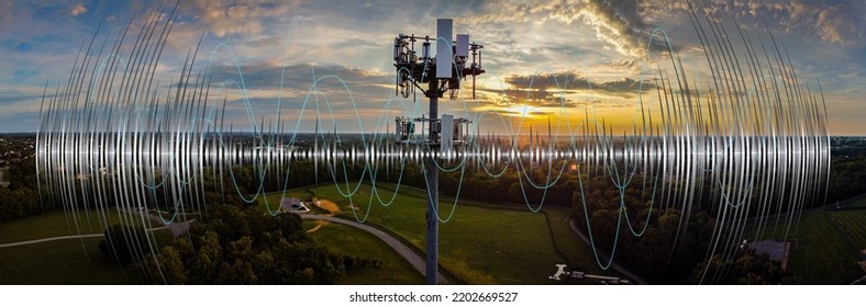 Cell Phone Tower On Sunrise Background With A Graphic Of Radio Waves Superimposed Over It.