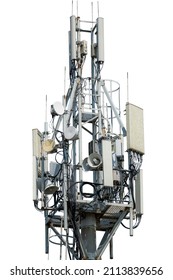 Cell Tower Global Communications Transmission Information Technologies Mobile Communications And Internet. Industry 5G Technologies In Mobile Communications Through Cell Tower, Isolated.