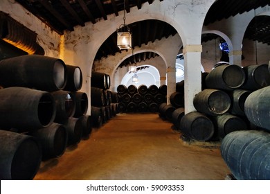 Cellar With Barrels Of Sherry. Spain