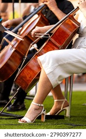 Cellists playing classical music instruments, creating a harmonious ensemble sound outdoors