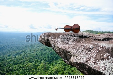 A cello on top of a mountain, above a dense forest in nature
