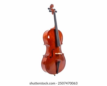 Cello, a string instrument known for its deep tones and rich sound, commonly used in classical music settings, displayed in a polished wooden finish against a clean background.