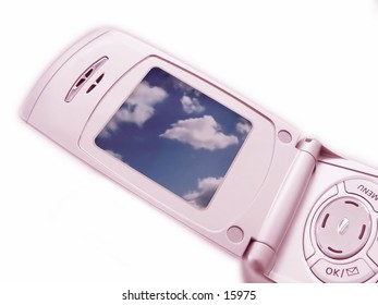 Cellular Camera Phone with Clouds on the screen, phone has pink tint to it.