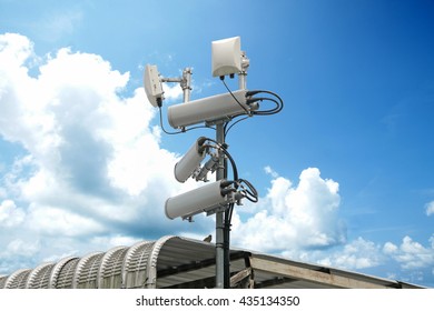 Cellular Network Antenna With Wifi Hotspot Repeater And Blue Sky.