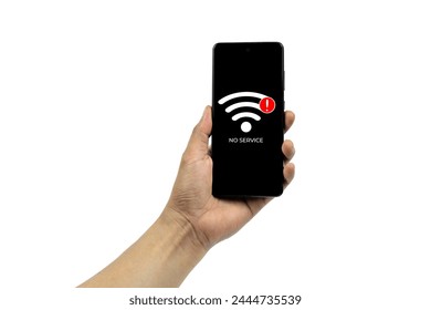 Cellular Problems Concepts. Man hand holding Smart phone with No Service icon on screen isolated on white background. All screen graphics are made up.