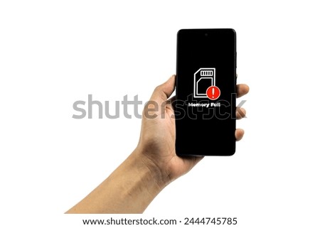 Cellular Problems Concepts. Man hand holding smart phone with full storage icon on screen isolated on white background. All screen graphics are made up.