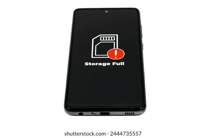 Cellular Problems Concepts. Smart phone with full storage icon on screen isolated on white background. All screen graphics are made up.