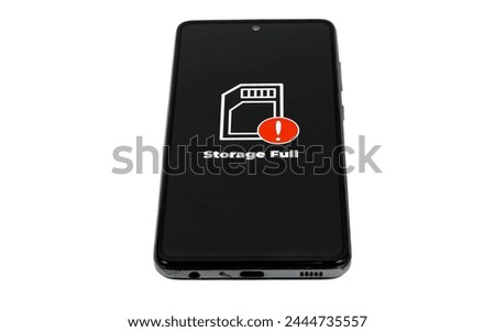 Cellular Problems Concepts. Smart phone with full storage icon on screen isolated on white background. All screen graphics are made up.