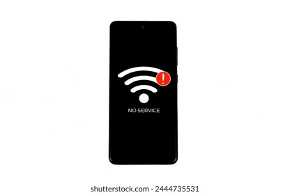 Cellular Problems Concepts. Smartphone with No Service icon on screen isolated on white background. All screen graphics are made up.