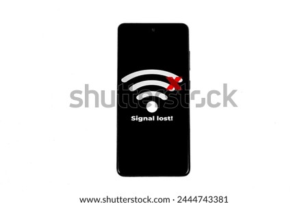 Cellular Problems Concepts. Smartphone with No Signal icon on screen isolated on white background. All screen graphics are made up.