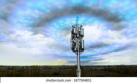Cellular tower spreading signal 5g, 4g, 3g. Wave radiation effect of mobile tower