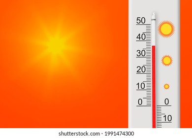 Celsius scale thermometer shows plus 37 degrees . Yellow sun in red sky. Summer heat