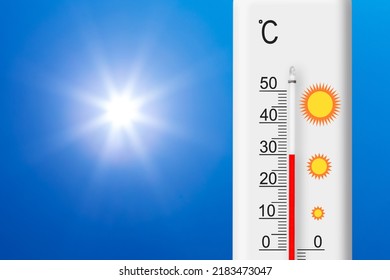 Celsius scale thermometer shows plus 30 degrees . Yellow sun in blue sky. Summer heat