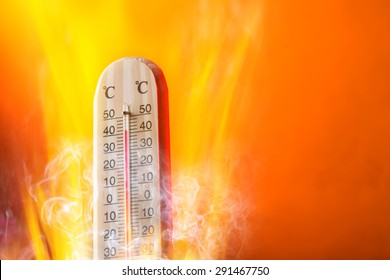 Celsius thermomether with fire flames, hot weather.