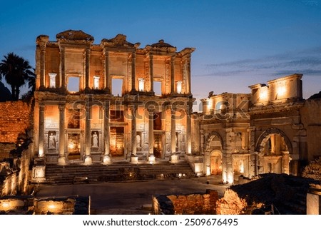 Celsus library in the Ancient City of Ephesus with its magnificent view in night museums