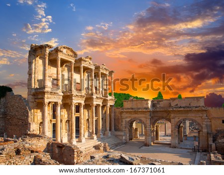 Celsus Library in Ephesus at sunset - Selcuk, Turkey 