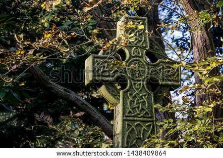 Celtic High Cross surrounded by Autumn foliage in Abney Park Cemetery. The graveyard is one of London's magnificent seven graveyards and now a unique urban wilderness & inner city nature reserve