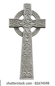 Celtic Stone Cross  Closeup Isolated On White