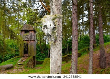 Celtic wooden tower and bull skull near Liptovska Mara in Archaeological museum Havranok in Slovakia