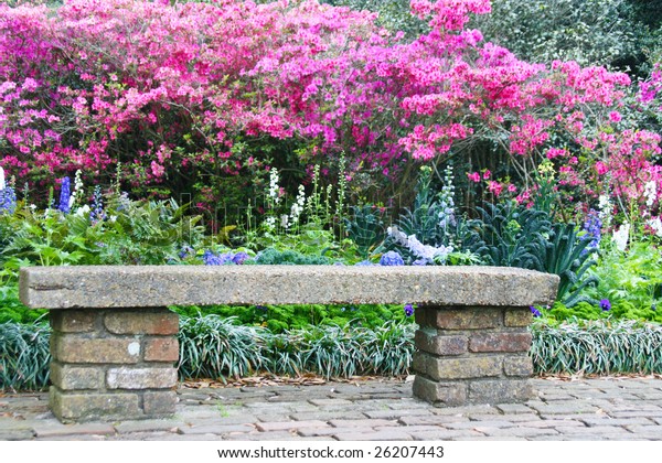 Cement Brick Garden Bench Front Azalias Stock Photo (Edit Now) 26207443