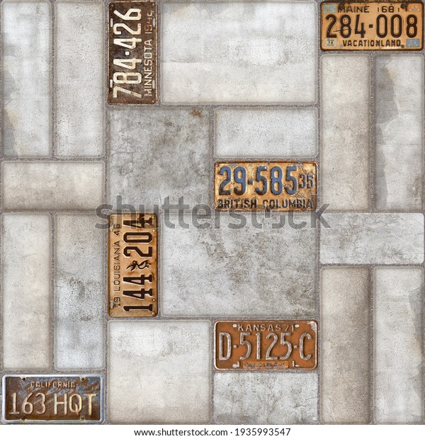 cement bricks texture with license plate, concrete\
design with car plates\
decor